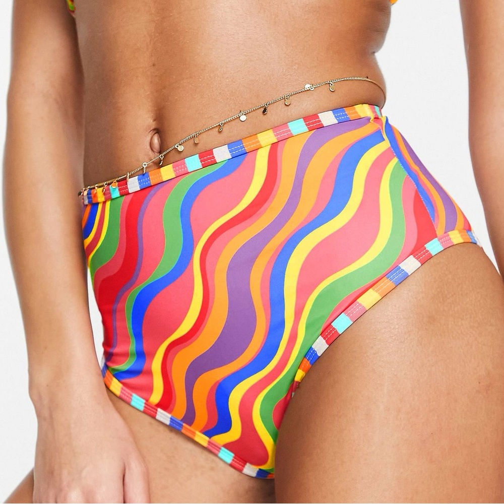 New It's Now Cool x Free People Wavy Rainbow Lg Pink Red High Rise Bikini Bottom
